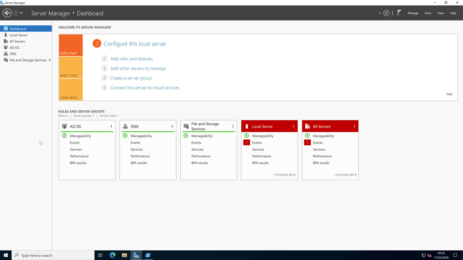 Server Manager — AD DS & DNS roles confirmed active on DC01
