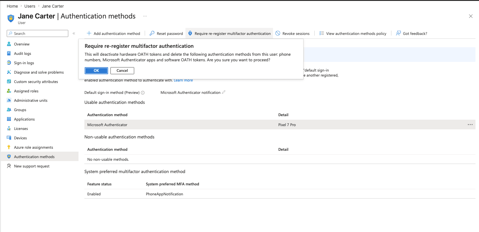 MFA reset initiated — removing registered authentication methods for a locked-out user