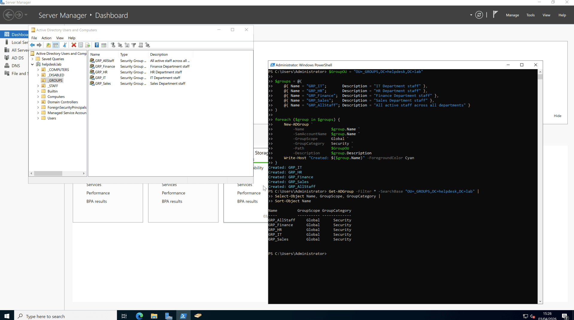Security group creation — PowerShell command alongside ADUC confirmation
